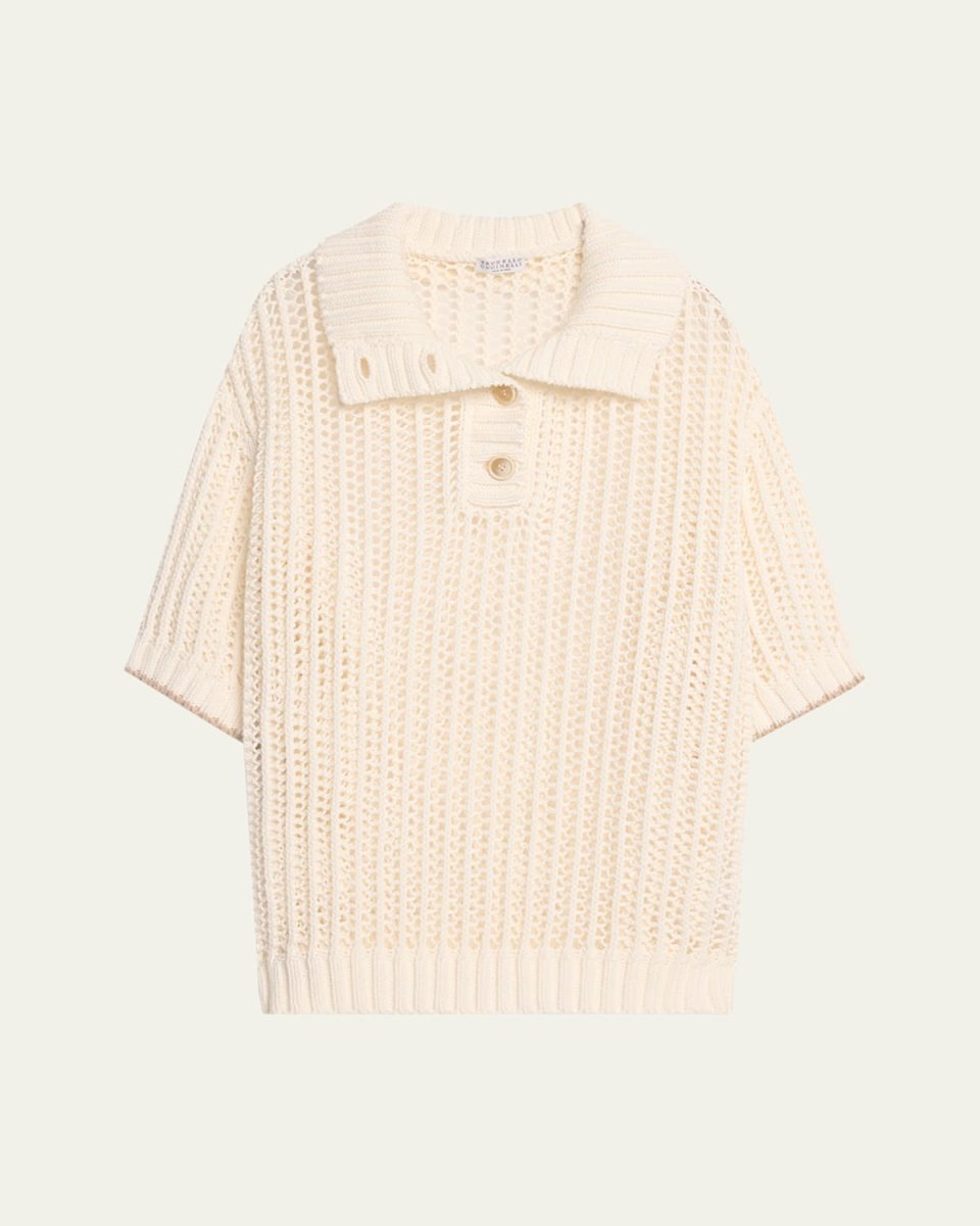 Short-Sleeve Summer Rope Knit Half Button Sweater